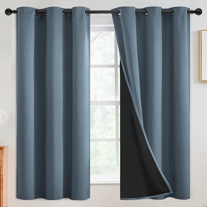 SimpleHome 100% Blackout Curtains for Bedroom,Thermal Insulated Grommet Window Drapes Room Darkening Stone Blue Curtains for Living Room with Black Back,42 x 63 Inch,2 Panels