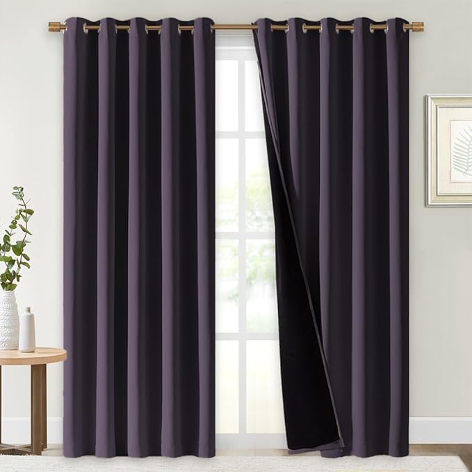 NICETOWN 100% Blackout Window Curtain Panels, Greyish Purple, 2 PCs, 62" Wide Each Panel, Cold and Full Light Blocking Drapes with Black Liner for Nursery, 84 inches Drop Thermal Insulated Draperies