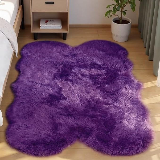 Goolela Purple Fluffy Sheepskin Rug 4x6 for Bedroom Bedside Fuzzy Furry Purple Faux Fur Shag Carpet Plush Sheepksin