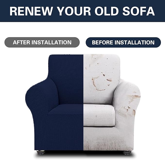 Cupuamon 2026 New Stretch Chair Sofa Slipcovers Couch Cover for 1 Seater Furniture Protector Sofa Covers with Elastic Bottom Jacquard Fabric Small Checks for Pets, Kids - Navy