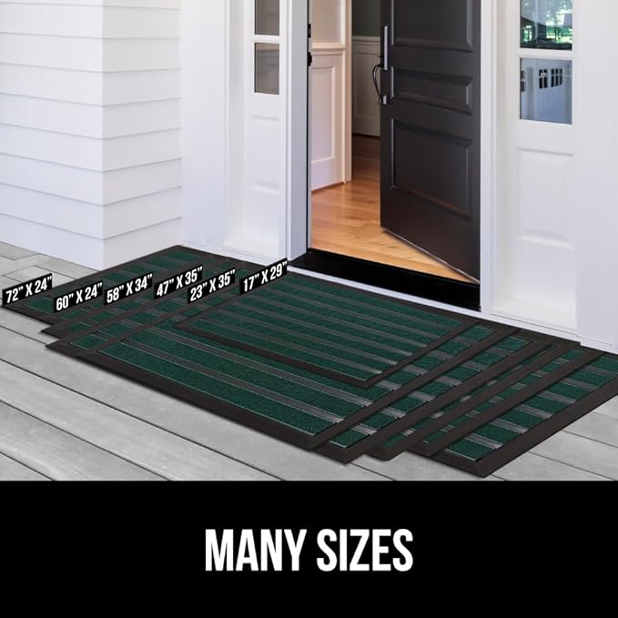 GORILLA GRIP 100% Waterproof All-Season WeatherMAX Doormat US Designed Natural Rubber, Stain and Fade Resistant, Low Profile Indoor Outdoor Door Mats, Easy Clean Patio Mat, 29x17, Green Stripe