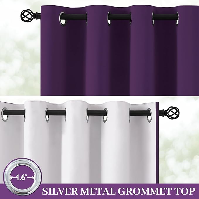 Yakamok 100% Blackout Curtain Panels 63 inches Cold and Light Blocking Drapes for Nursery, 2 Thick Layers Thermal Insulated Draperies (2 Pieces, 50 Wide Each Panel, Purple/White Backing)