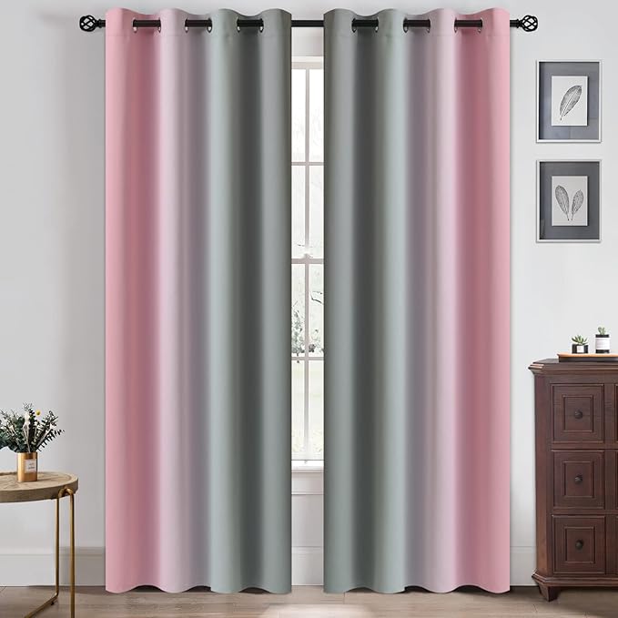 Yakamok Ombre Pink and Grey Curtains for Bedroom, Gradient Room Darkening Curtains, Grommet Thermal Insulated Light Blocking Window Drapes/Curtain for Living Room,52 x 84 Inch,2 Panels
