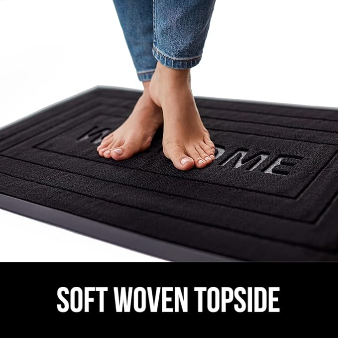 GORILLA GRIP 100% Waterproof All-Season WeatherMAX Doormat, US Designed Natural Rubber, Stain and Fade Resistant, Low Profile Indoor Outdoor Door Mats, Easy Clean Patio Mat, 29x17, Black Welcome
