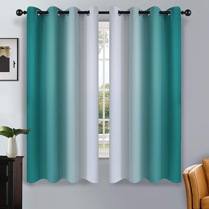 SimpleHome Ombre Room Darkening Curtains for Living Room, Light Blocking Gradient Teal to Greyish White Thermal Insulated Grommet Window Curtains/Drapes for Bedroom, 2 Panels, 52x63 inches Length
