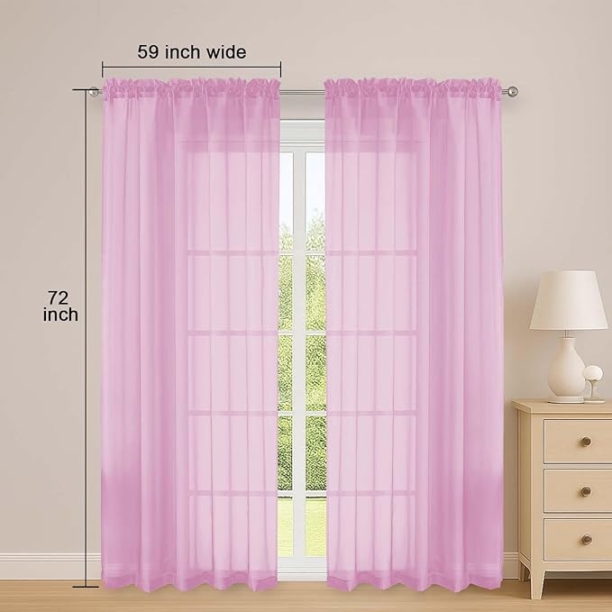OWENIE Pink Sheer Curtains 72 Inches Long 2 Panels Set, Transparent Voile Sheer Curtain for Living Room Bedroom Window Sliding Glass Door Treatment, 59 x 72 Inch, Pink
