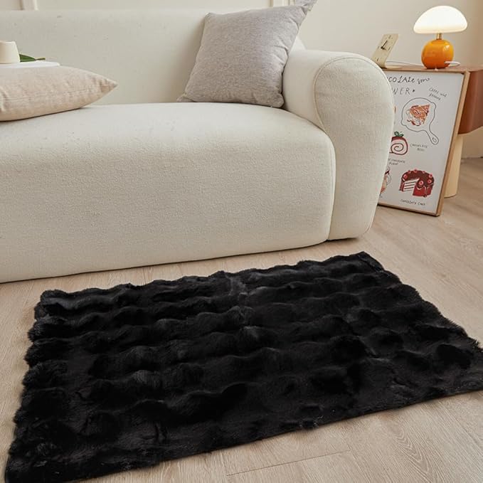 Black Rabbit Plush Rug 2'x3', Fluffy Faux Fur Shaggy Area Rug for Nursery, Kids Room Decor, Soft Fuzzy Carpet for Living Room, Bedroom, Teen Girls Room
