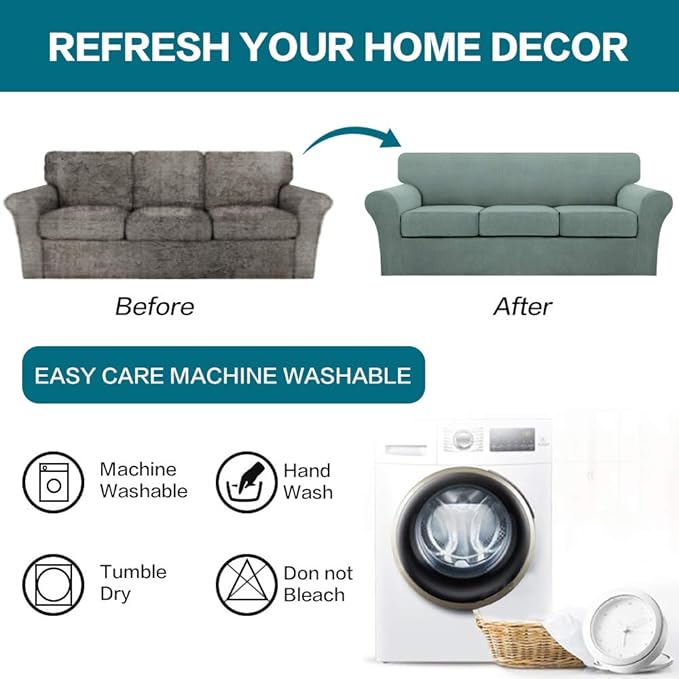 Turquoize 4 Piece Sofa Covers for 3 Cushion Couch Sofa Slipcover Soft Couch Cover for Dogs-Washable Sofa Furniture Covers with 3 Individual Large Cushion Covers (XL Sofa,Dark Cyan)