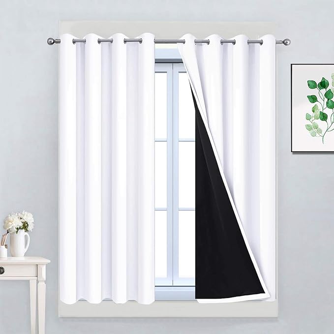 Yakamok Pure White 100% Blackout Curtains for Bedroom, Thermal Insulated Grommet Total Blackout Drapes with Black Liner for Living Room, 52W x 45L, 2 Panels