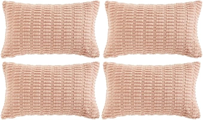 Fancy Homi 4 Packs Boho Pink Decorative Throw Pillow Covers 12x20 Inch for Living Room Couch Bed Sofa, Rustic Modern Farmhouse Home Decor, Soft Plush Corduroy Cute Square Cushion Case 30x50 cm