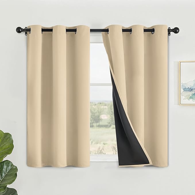 SimpleHome 100% Blackout Curtains for Bedroom,Thermal Insulated Beige Grommet Window Drapes Room Darkening Curtains for Living Room with Black Back,42 x 45 Inch,2 Panels