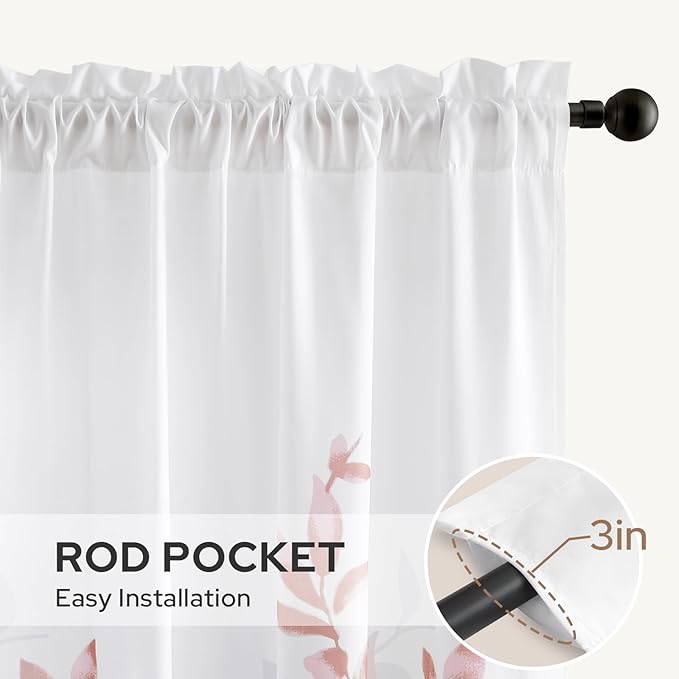 HOMEIDEAS Non-See-Through Pink and White Privacy Sheer Curtains 52 X 63 Inch Length 2 Panels, Leaf Floral Printed Light Filtering Semi Sheer Window Curtains Drapes for Bedroom Living Room