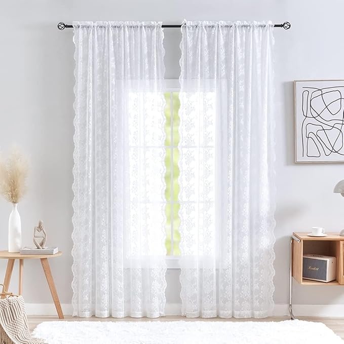 YJ YANJUN Vintage Lace Curtains 120 Inches Long-Victorian Floral Pattern White Sheer Curtain Panels for High Ceiling to Floor Large Windows, Light Filtering, 10 Foot Drapes Privacy W52xL120 10 FT