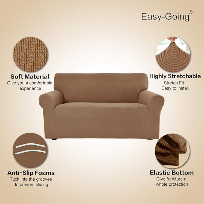 Easy-Going Stretch Sofa Slipcover 1-Piece Sofa Cover Furniture Protector Couch Soft with Elastic Bottom for Kids, Polyester Spandex Jacquard Fabric Small Checks (Sofa, Camel)