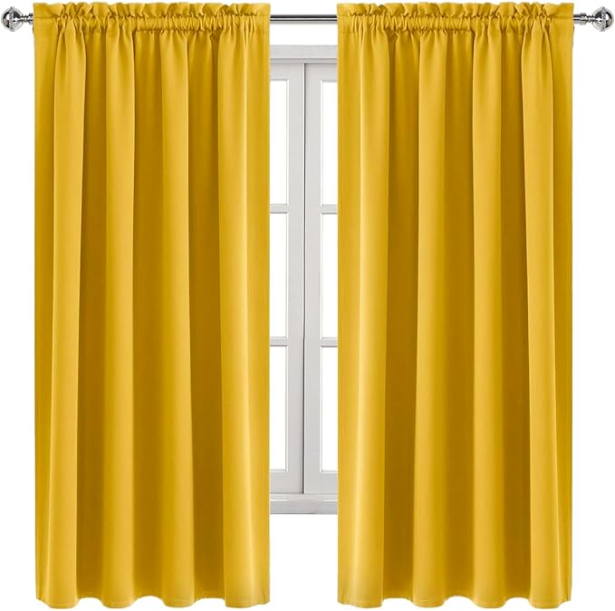 DWCN Blackout Curtains Room Darkening Thermal Insulated Bedroom Curtains Window Curtain Panels, 52 x 63 inches Long, Set of 2 Yellow Rod Pocket Drapes