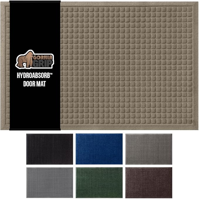GORILLA GRIP® Ultra Absorbent Front Door Mat Outside Entrance, 47x35, Traps Dirt and Moisture, HydroABSORB Indoor Outdoor Doormat Holds Up to 6 Cups Water, Stain and Fade Resistant Welcome Mat, Beige