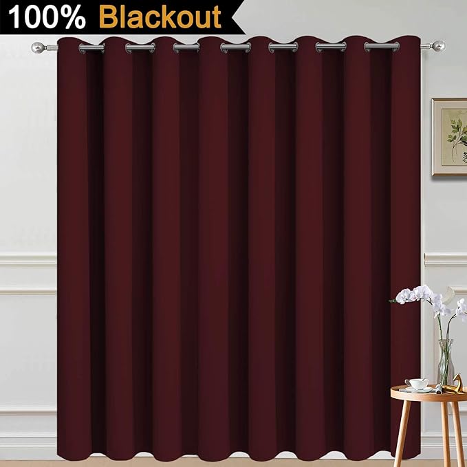 Yakamok 100% Blackout Extra Wide Thermal Insulated Curtains, Total Shade Patio Door Curtain, Full Light Shading Sliding Door Drape Room Divider for Bedroom, Burgundy Red, W100 x L96, 1 Panel