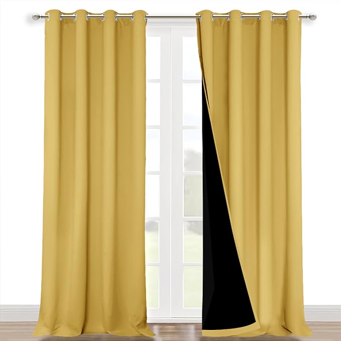 NICETOWN 100% Blackout Blinds, Laundry Room Decor Window Treatment Curtains for Large Patio Sliding Door, Thermal Insulated Bright Yellow Curtains for Bedroom, Set of 2, 52 inches x 108 inches