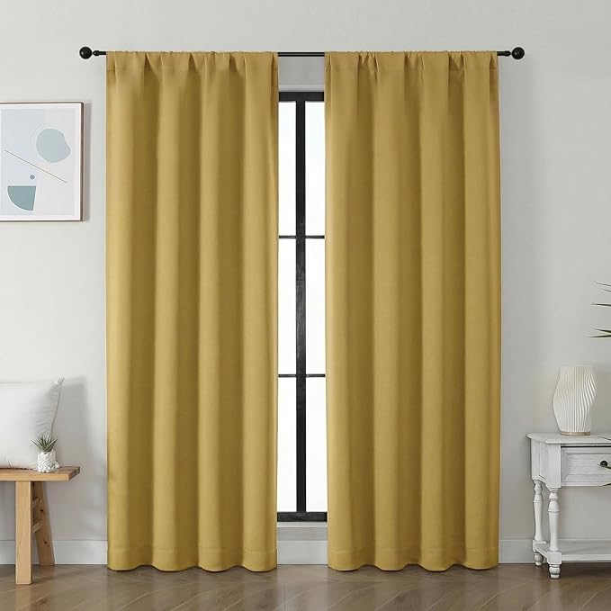 Simplebrand Ava Bright Gold Blackout Curtains for Bedroom 72 Inch Length 2 Panels Set, Privacy Thermal Insulated Rod Pocket Door Window Curtains for Patio French Door Front Door, W40 x L72 Inch