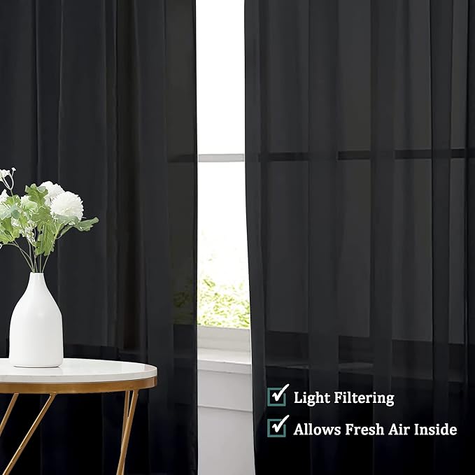 Chyhomenyc Extra Long Black Sheer Curtains 144 inch 2 Panels Set, Translucent Backdrop Window Scarf Drapes for Canopy Bed/Wedding/Living Room/Anniversary, 12FT Length, Each 42Wx144L in, 2PCS, Black