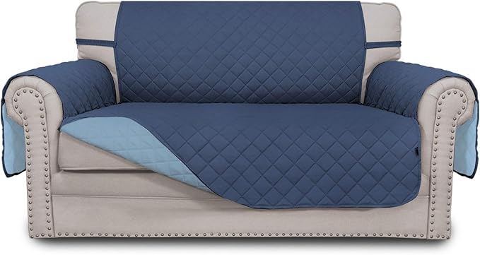 Easy-Going Reversible Loveseat Couch Cover for 2 Cushion Couch Sofa Cover for Dogs Water Resistant Furniture Protector with Foam Sticks Elastic Straps for Pet (Loveseat, Dark Blue/Light Blue)