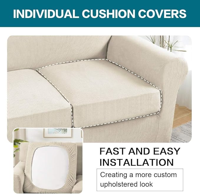 Turquoize 4 Piece Sofa Covers for 3 Cushion Couch Sofa Slipcover Soft Couch Cover for Dogs Washable Furniture Cover with 3 Individual Large Cushion Covers Feature Fabric (Large Sofa, Biscotti Beige)