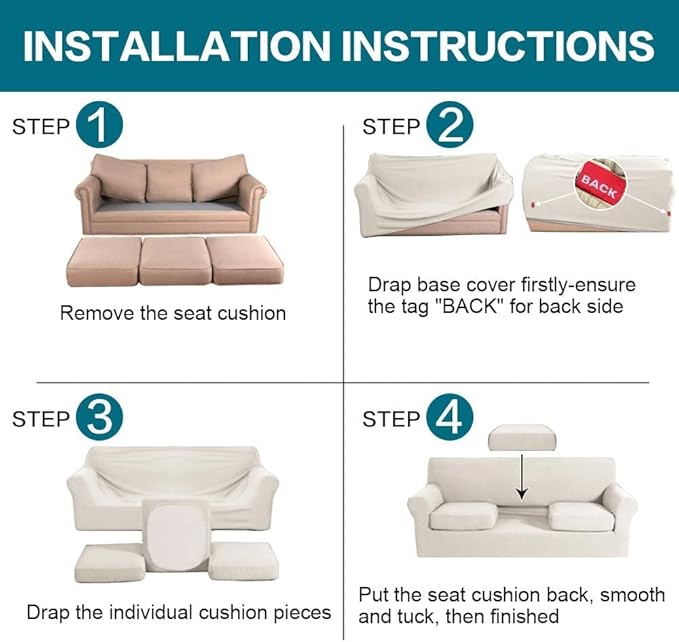 Turquoize 4 Piece Sofa Covers for 3 Cushion Couch Sofa Slipcover Soft Couch Cover for Dogs-Washable Sofa Furniture Covers with 3 Individual Cushion Covers, Jacquard Fabric (3 Cushion Sofa, Ivory)