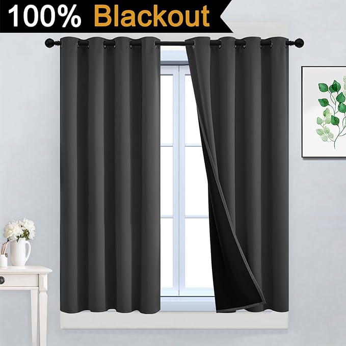 Yakamok 100% Blackout Curtains, 2 Thick Layers Thermal Insulated Total Blackout Drapes for Bedroom, Heat Blocking Window Curtains for Living Room(Charcoal Grey, 52Wx45L, 2 Panels)