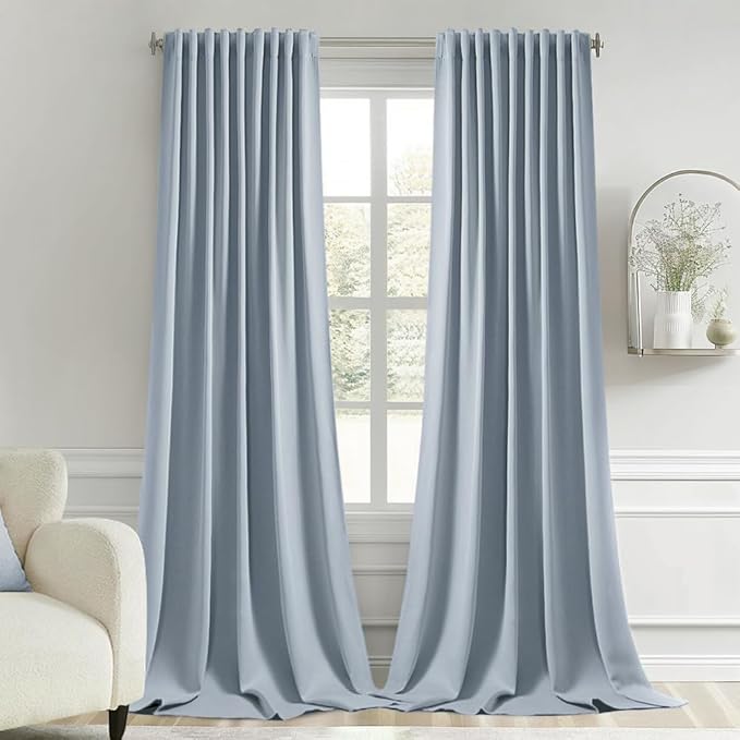 MIULEE Light Blue Back Tab Blackout Curtain 96 Inch Long 2 Panels Set for Bedroom, Rod Pocket/Pinch Pleat Thermal Insulated Living Room Darkening Pleated Light Blocking Floor to Ceiling Drape