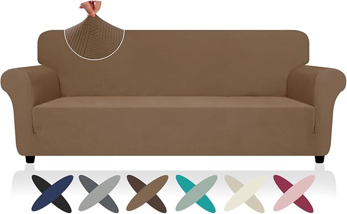 ZNSAYOTX Oversized Super Stretch Couch Cover (92"-115"), New Striped Sofa Covers Comfortable & Durable, Dog Cat Pets Friendly Extra Large Spandex Sofa Slipcovers (Light Coffee, XL Sofa)