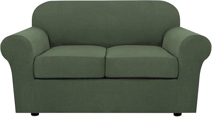 H.VERSAILTEX 3 Piece Stretch Sofa Covers for 2 Cushion Loveseat Couch Covers for Living Room Furniture Cover (Base Cover Plus 2 Seat Cushion Covers) Thicker Jacquard Fabric(Medium, Bronze Green)