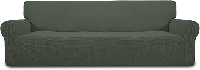 Easy-Going Stretch 4 Seater Sofa Slipcover 1-Piece Sofa Cover Furniture Protector Couch Soft with Elastic Bottom for Kids, Polyester Spandex Jacquard Fabric Small Checks Olive Green