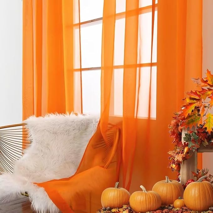 SpaceDresser Basic Rod Pocket Sheer Voile Window Curtain Panels White 1 Pair 2 Panels 38 Width 63 Inch Long for Kitchen Bedroom Children Living Room Yard(Orange,38 W x 63 L)