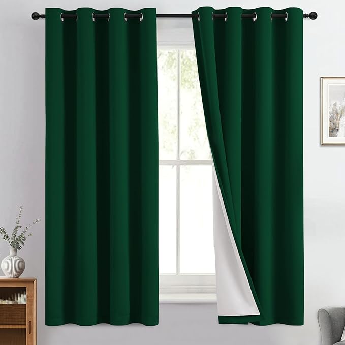 Yakamok 100% Blackout Curtain Panels 63 inches Cold and Light Blocking Drapes for Nursery, 2 Thick Layers Thermal Insulated Draperies (2 Pieces, 50 Wide Each Panel, Dark Green/White Backing)