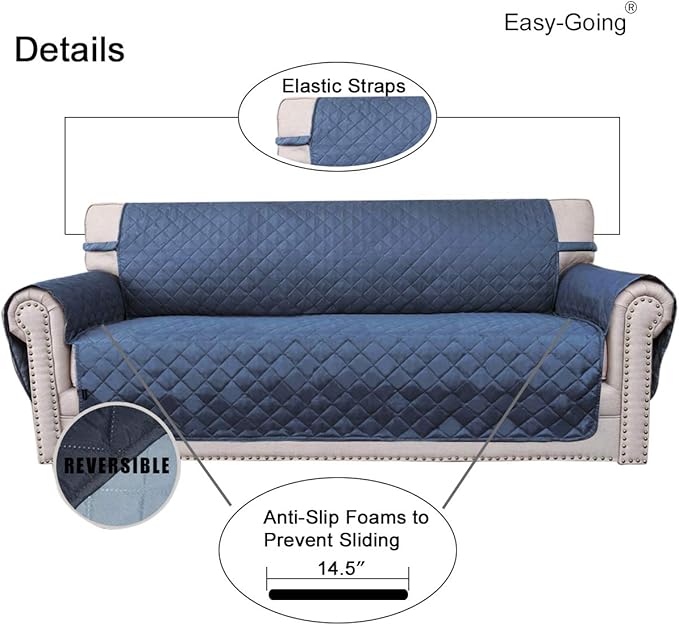 Easy-Going Reversible Couch Cover for 3 Cushion Couch Sofa Cover for Dogs Water Resistant Furniture Protector Cover with Foam Sticks Elastic Straps for Pet Cat (Sofa, Dark Blue/Light Blue)