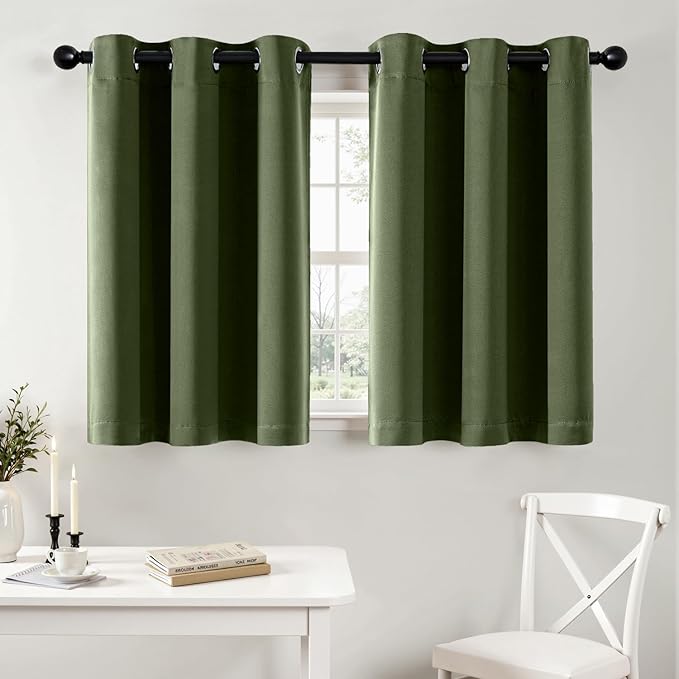 MIULEE Short Curtains for Windows - Olive Green Blackout Half Window Curtains Thermal Insulated Privacy Drapes for Kitchen Bedroom Bathroom Grommet Top Small Basement Tiers W40 x L36 Inch 2 Panels