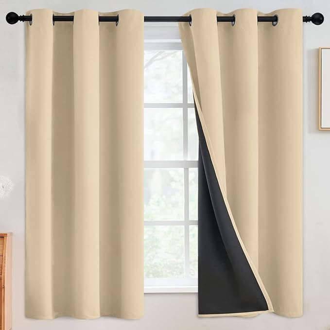 SimpleHome 100% Blackout Curtains for Bedroom,Thermal Insulated Grommet Window Drapes Room Darkening Beige Curtains for Living Room with Black Back,42 x 63 Inch,2 Panels