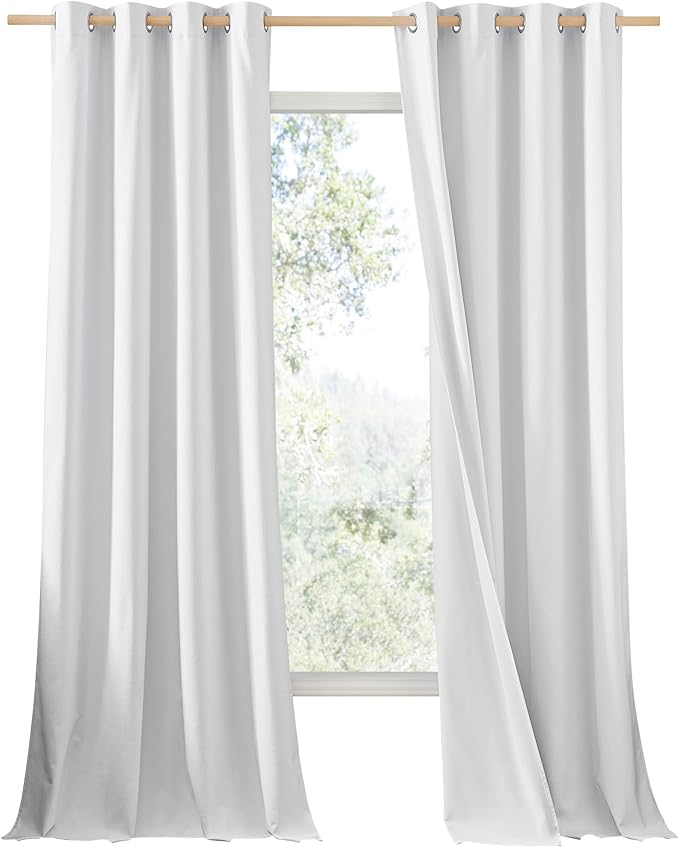 NICETOWN 100% Absolutely Blackout Linen Curtains with Thermal Insulated White Liner, White, 52 inches Wide, 90 inches Length Energy Saving Curtains for Living Room 2 Panels Set, Vertical Blinds