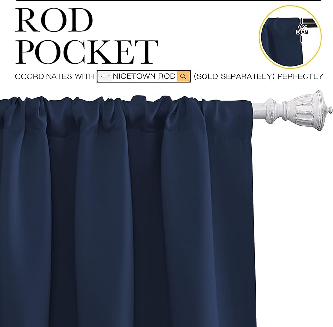 NICETOWN Window Curtains Blackout Draperies - Thermal Insulated Solid Top Pocket Blackout Drapes for Nursery Room (1 Pair, Navy, 52 x 72 Inch)