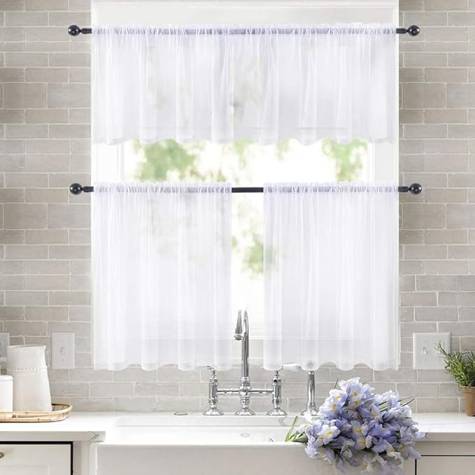 MIULEE Short Sheer Curtains 30 Inch Length for Kitchen Bathroom Cafe Half Window Treatment, Rod Pocket Tier Curtains 2 Panels, 29x30 Inches Long, White