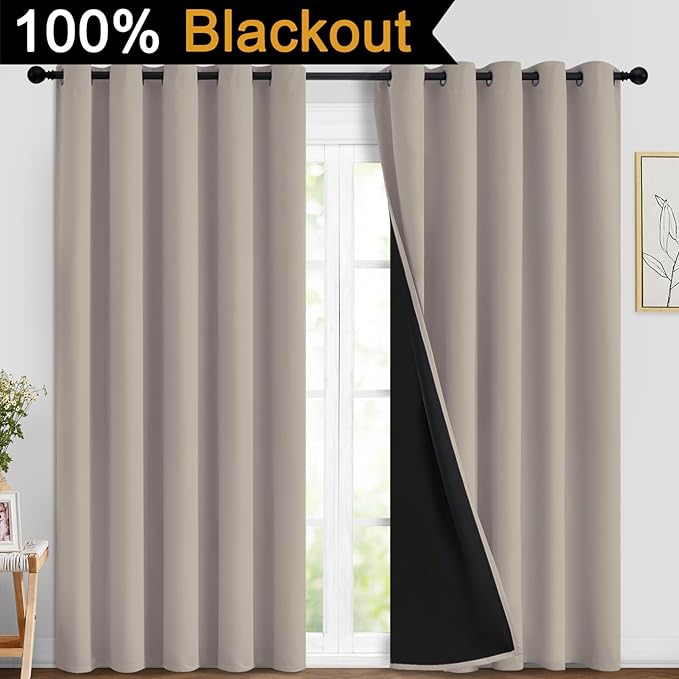 Yakamok 100% Blackout Curtains 96 Inches Long, 2 Thick Layers Heat and Full Light Blocking Soft Thermal Insulated Drapes for Bedroom(62" Wide Each Panel, Natural, 2 Panels)