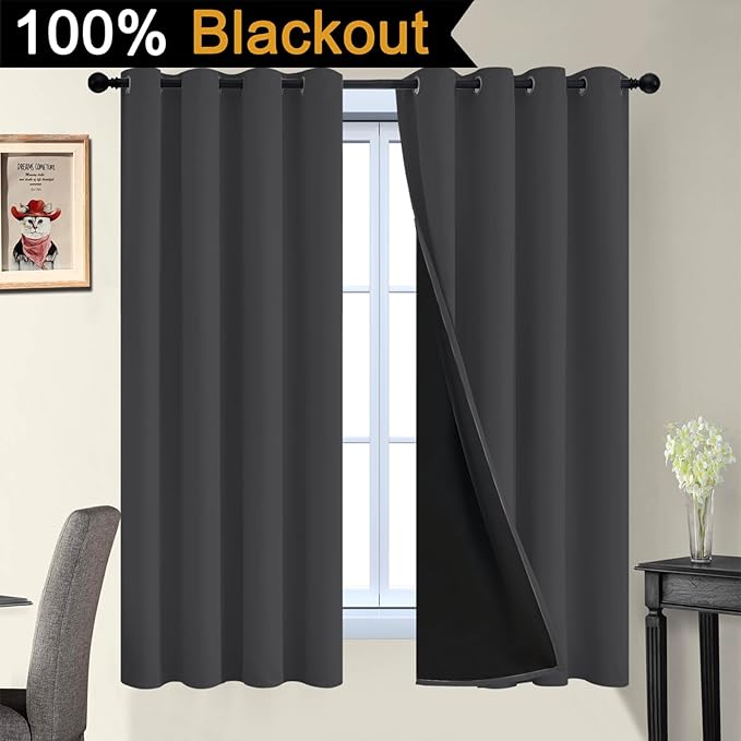 Yakamok 100% Blackout Curtains, 2 Thick Layers Thermal Insulated Total Blackout Drapes for Bedroom, Heat Blocking Window Curtains for Living Room(Charcoal Grey, 52Wx63L, 2 Panels)