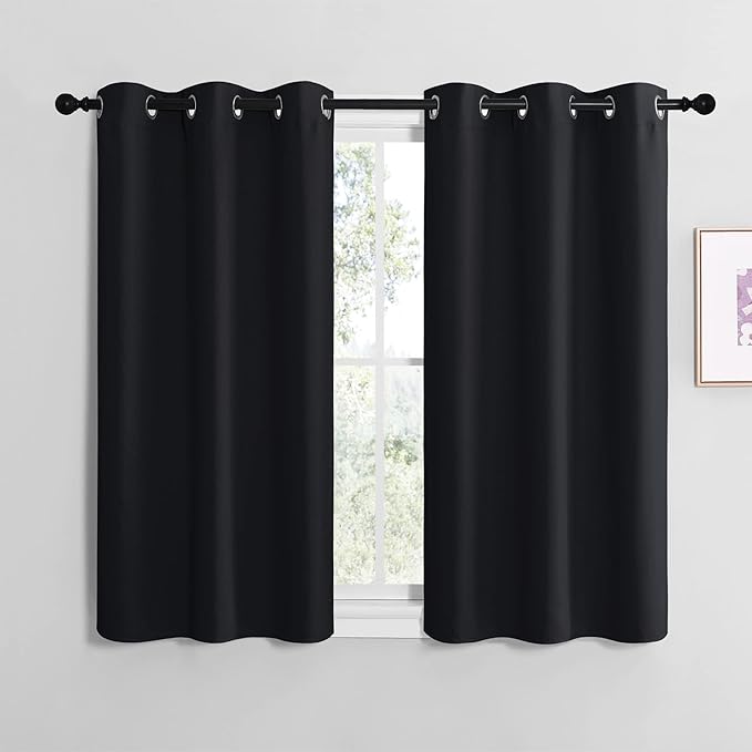NICETOWN Blackout Curtain Panels for Bedroom, Black, 2 Panels, W34 x L36-inch, Thermal Insulated Grommet Top Blackout Draperies and Drapes for Basement