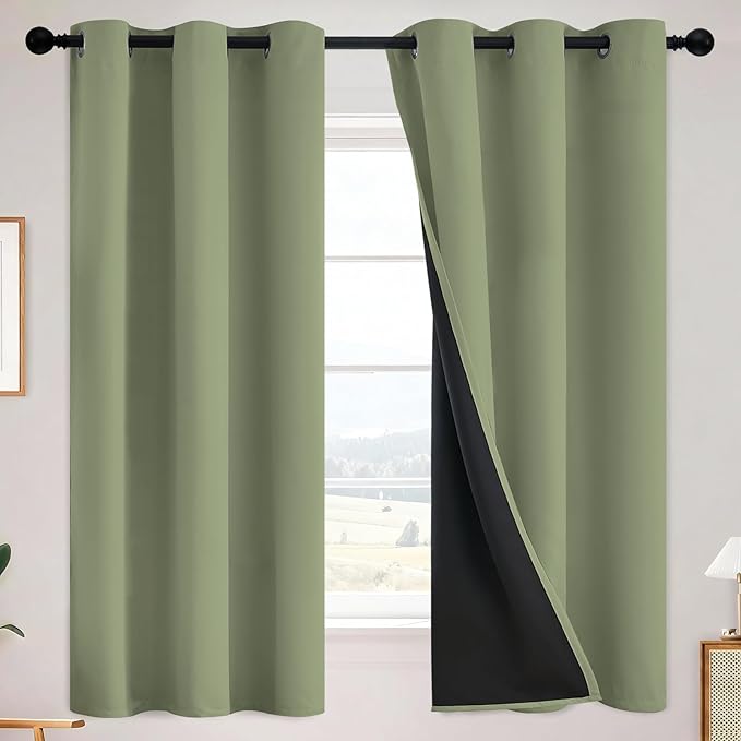 SimpleHome 100% Blackout Curtains for Bedroom,Thermal Insulated Sage Grommet Window Drapes Room Darkening Curtains for Living Room with Black Back,38 x 63 Inch,2 Panels