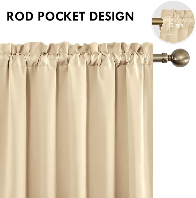 DWCN Beige Room Darkening Curtains for Kitchen/Bedroom, 60 x 36 inches Long - Energy Saving Window Drapes for Nursery with Rod Pocket, Set of 2 Panels