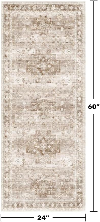 Hazo Haus Boho Bathroom Rug 2x5 Runner, Neutral Farmhouse Kitchen Rugs, Small Throw Runners for Laundry Room Bedroom, Vintage Floral Décor, Non-Slip Low-Pile Washable Stain Resistant Beige Latte