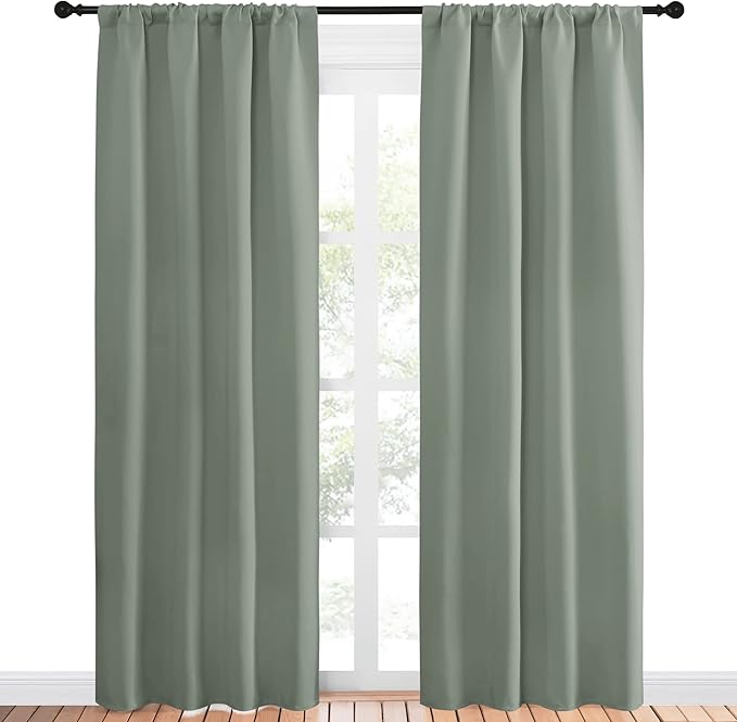 NICETOWN Window Curtains Blackout Drapes - Thermal Insulated Solid Rod Pocket Blackout Curtains/Draperies for Living Room (Greyish Green, One Pair, 42 by 84-Inch)