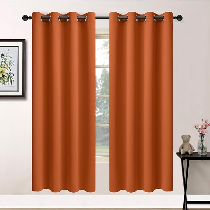 Yakamok Soft and Smooth Orange Blackout Curtains for Bedroom - Grommet Thermal Insulated Room Darkening Curtains for Living Room, Set of 2 Panels (52 x 72Inch, Burnt Orange)