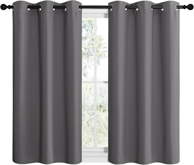 NICETOWN Grey Blackout Cafe Curtain Panels for Bedroom, Thermal Insulated Grommet Top Blackout Draperies and Drapes for Basement (2 Panels, W42 x L40-inch, Grey)