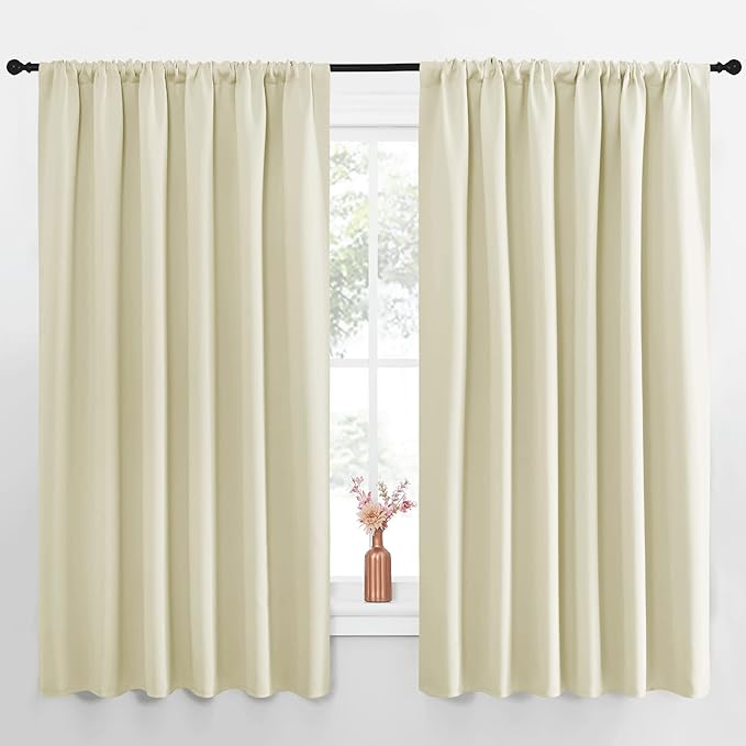 NICETOWN Blackout Curtains for Bedroom, Home Decorations Thermal Insulated Solid Rod Pocket Blackout Drapes for Cafe (Beige, One Pair, 70 x 63-inch)